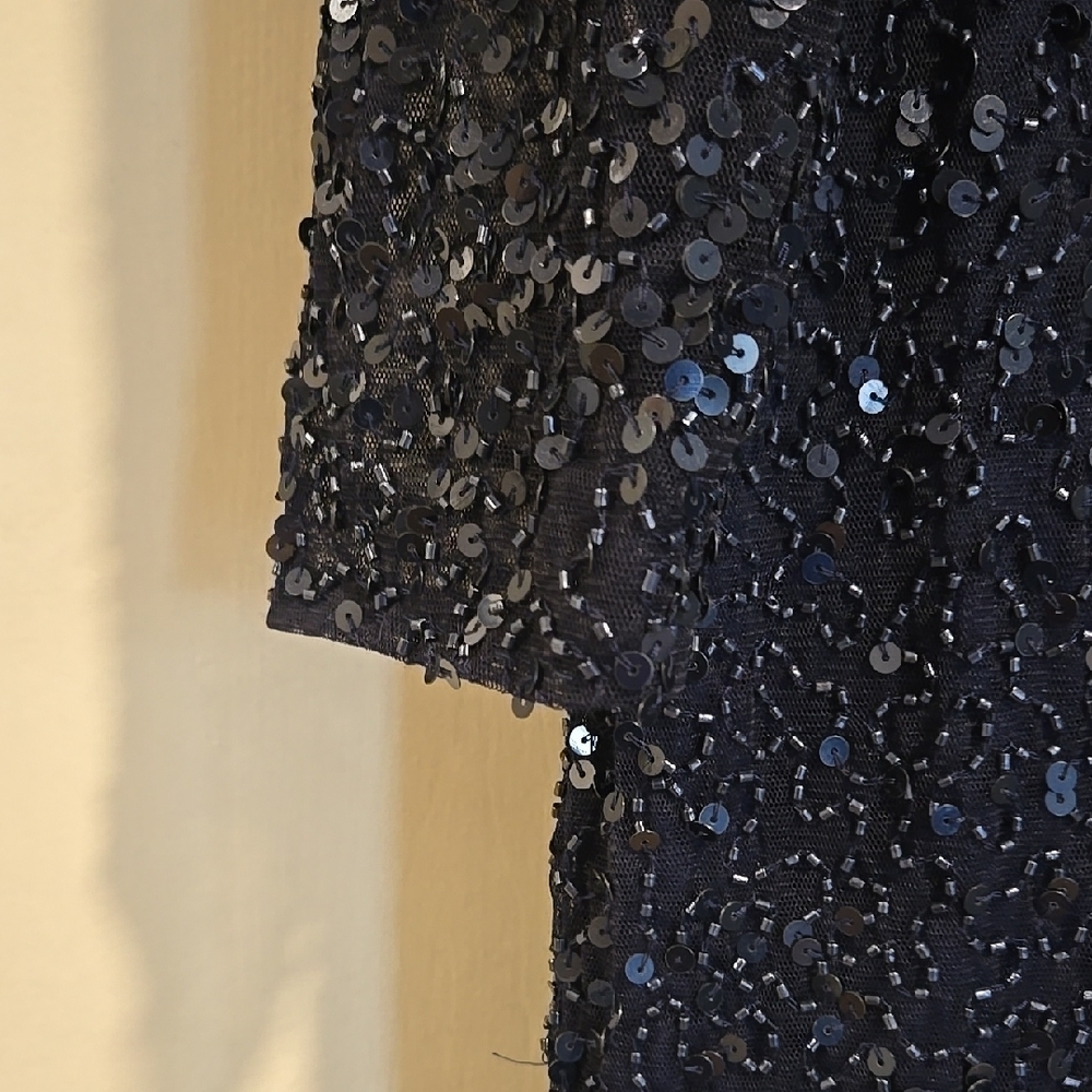 Mac Duggal Navy Long-Sleeve Sequin Evening Dress with Floral Hem - Picture 5 of 9